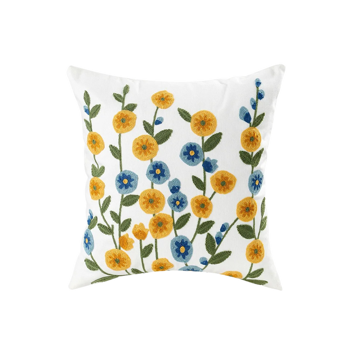 Anyhouz Pillowcase White with Yellow Blue Floral Embroidered Decorative Cushion Cover