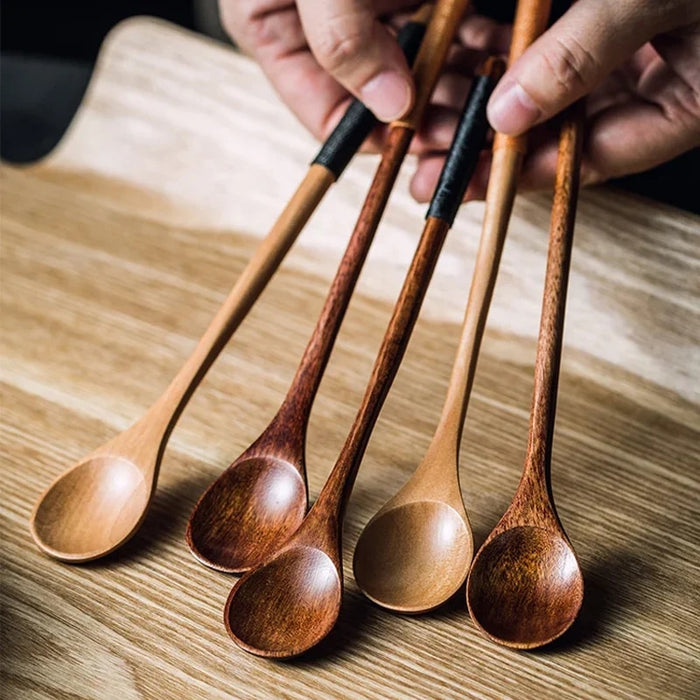 Anygleam Natural Brown 6pcs Wooden Tea Long Spoon  Kitchen Tableware