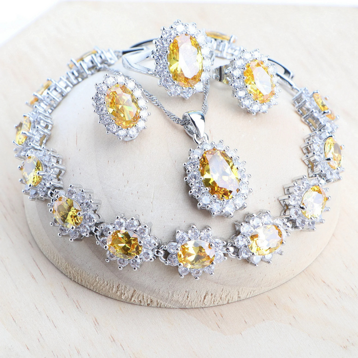 Anyco Jewelry Set 4Pcs Yellow Halo Style Zircon 925 Silver Floral Ring Necklace Bracelet And Earrings Women Fashion Accessories