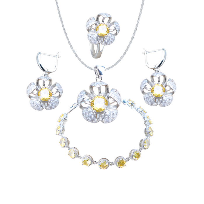 Anyco Jewelry Set 4Pcs Yellow Round Stone Zircon 925 Silver Floral Ring Necklace Bracelet And Earrings Women Fashion Accessories