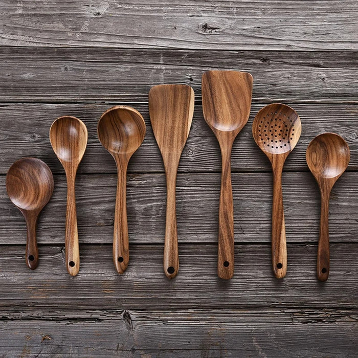 Anygleam Natural Wood 7pcs Wooden Spoon Kitchen Tableware