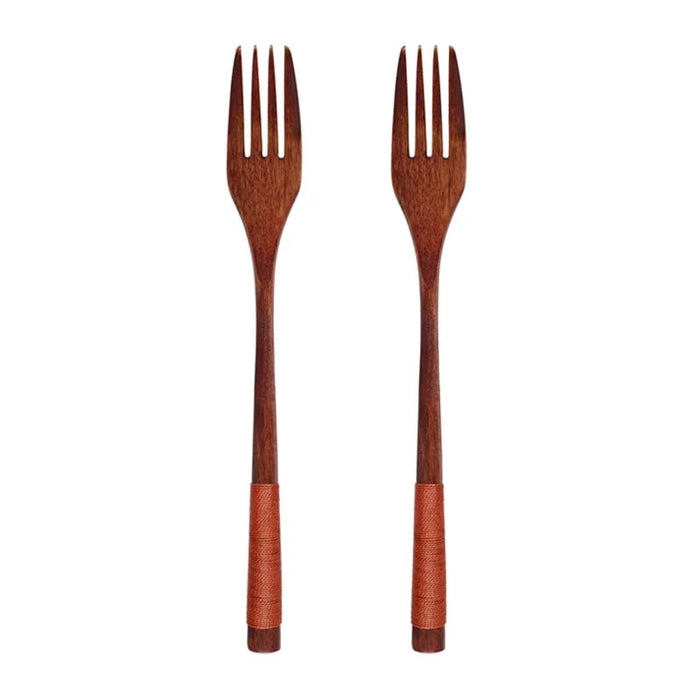 Anygleam Brown 2pcs Wooden Fork Set Food Kitchen Tableware