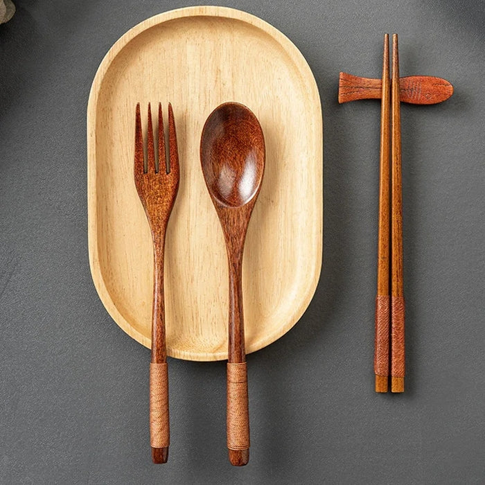 Anygleam Brown 2pcs Wooden Fork Set Food Kitchen Tableware