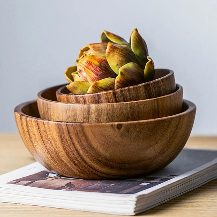 Anygleam Brown 3pcs Wooden Bowl Set Food Kitchen Tableware