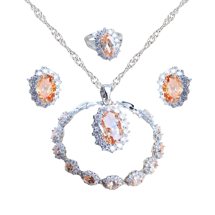 Anyco Jewelry Set 4Pcs Champagne Halo Style Zircon 925 Silver Floral Ring Necklace Bracelet And Earrings Women Fashion Accessories