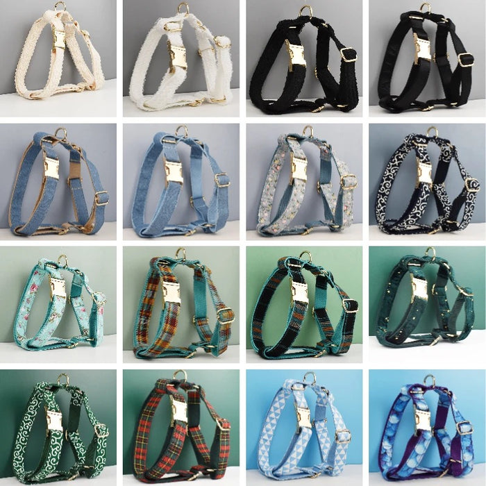 Anywags Pet Harness Leash Denim Blue Cream Heavy Duty DIY Metal Dog Leash