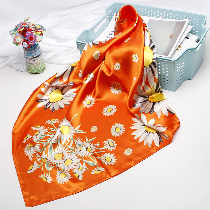 Anyyou Scarf for Women Daisy Orange Floral Printed Square Silk Shawl For Summer Spring And Fall