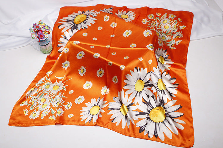 Anyyou Scarf for Women Daisy Orange Floral Printed Square Silk Shawl For Summer Spring And Fall