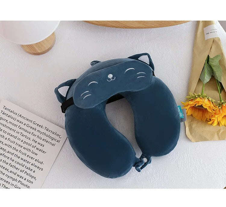 Anypack Neck Pillow Blue Cat Cartoon Memory Cotton U-shaped Soft Fluffy Comfortable Sleep Headrest