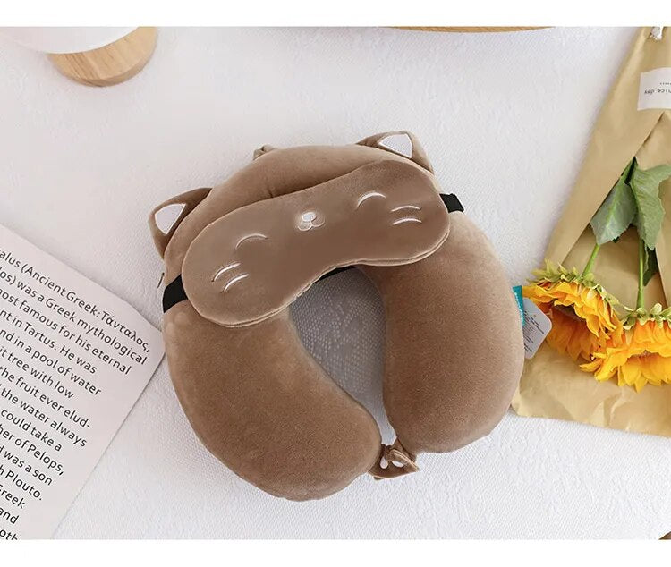 Anypack Neck Pillow Brown Cat Cartoon Memory Cotton U-shaped Soft Fluffy Comfortable Sleep Headrest