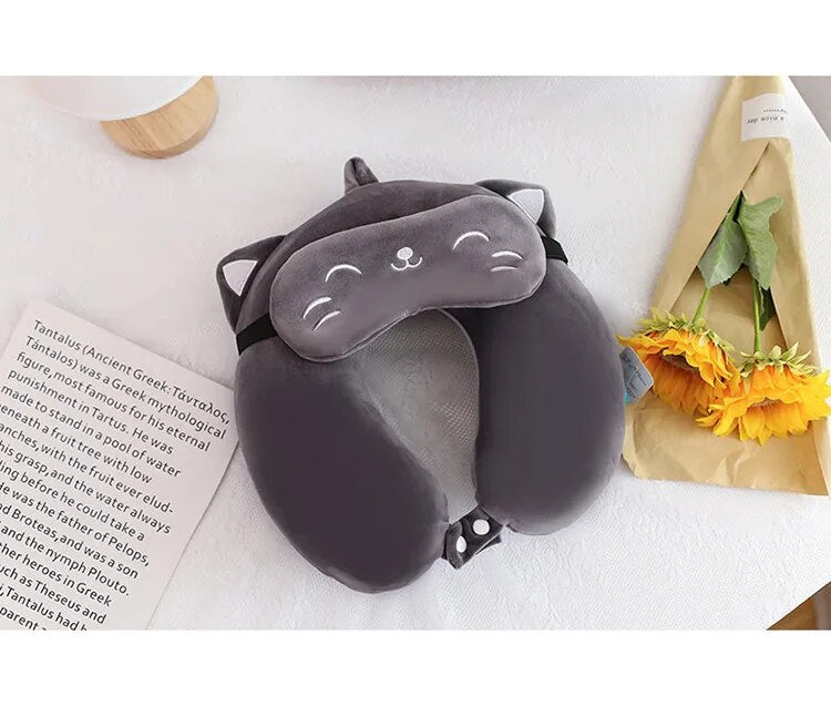 Anypack Neck Pillow Gray Cat Cartoon Memory Cotton U-shaped Soft Fluffy Comfortable Sleep Headrest