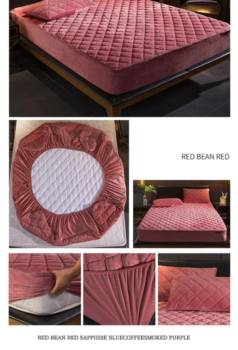 Anyhouz Mattress Cover Bean Red King Size Crystal Velvet Thicken Quilted Warm Soft Plush Bed Sheet