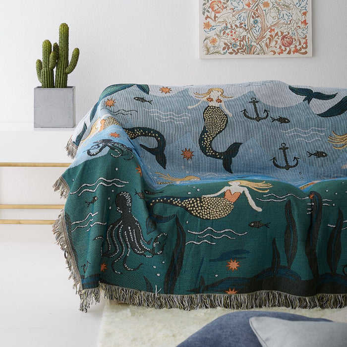 Anyhouz Throw Blanket Blue Faux Cashmere Sofa Cover Mermaid Pattern Tassel Soft Picnic Camping Mat 180*230cm