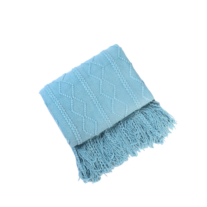 Anyhouz Sky Blue Throw Blanket Faux Cashmere Sofa Cover Vertical Bar Diamond Knit Plaid Tassels Blanket for Spring Summer 150*230cm