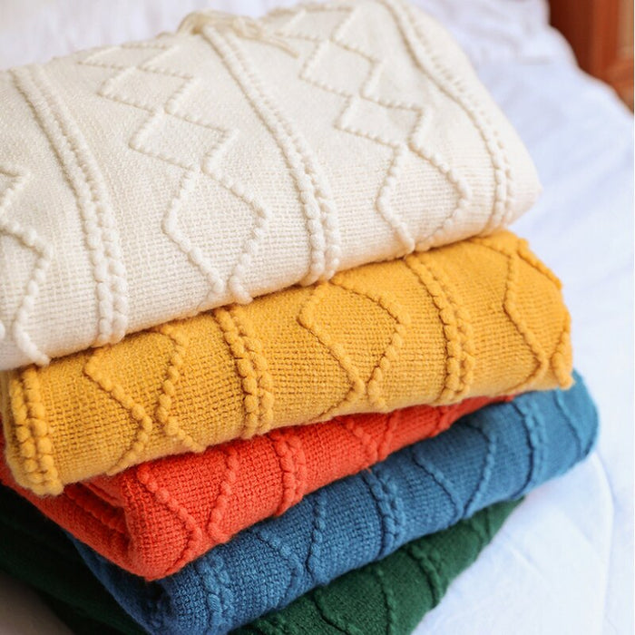 Anyhouz Yellow Throw Blanket Faux Cashmere Sofa Cover Vertical Bar Diamond Knit Plaid Tassels Blanket for Spring Summer 130*180cm