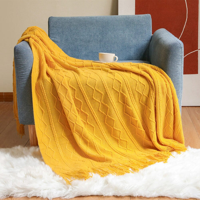 Anyhouz Blue Throw Blanket Faux Cashmere Sofa Cover Vertical Bar Diamond Knit Plaid Tassels Blanket for Spring Summer 130*180cm