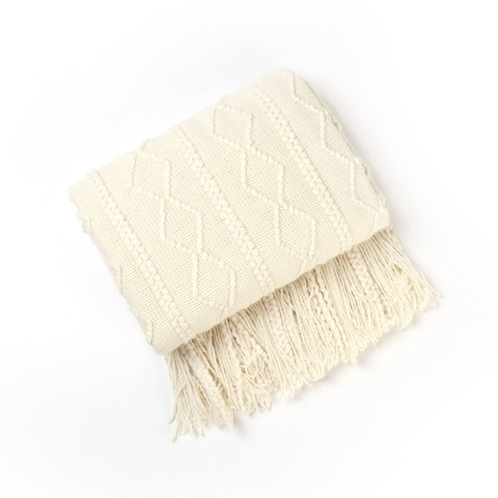 Anyhouz White Throw Blanket Faux Cashmere Sofa Cover Vertical Bar Diamond Knit Plaid Tassels Blanket for Spring Summer 130*230cm