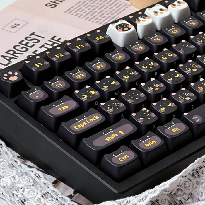 Anymob Keycap Keyboard Black Cat 142 Keys Profile Black Cute Naughty Cat Switch Theme Layout