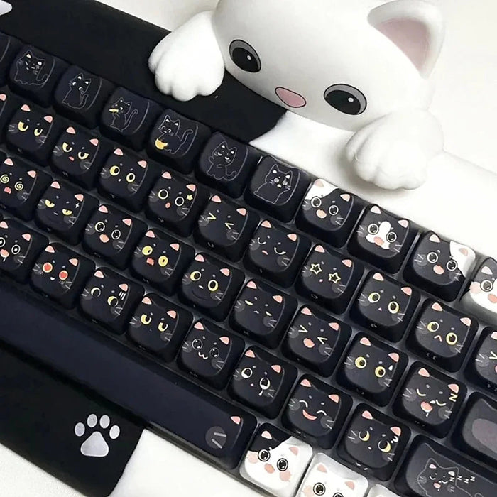 Anymob Keycap Keyboard Black Cat 142 Keys Profile Black Cute Naughty Cat Switch Theme Layout