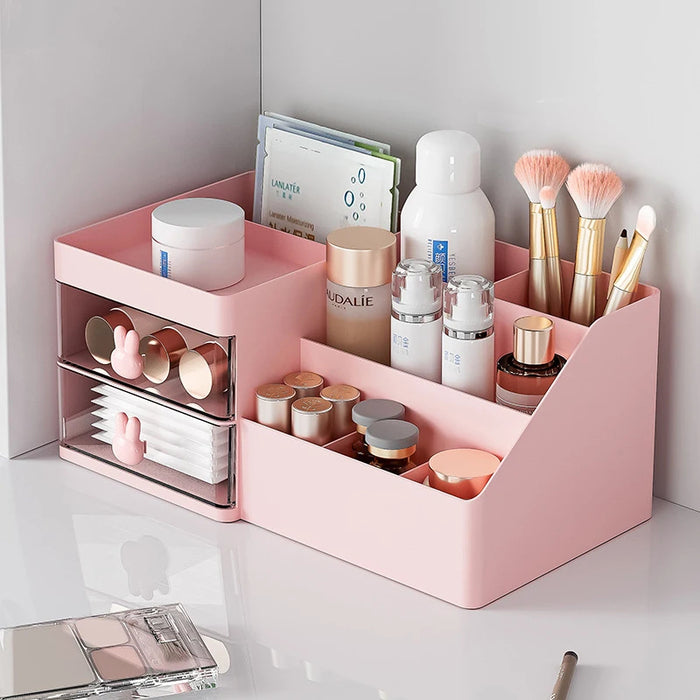 Anyhouz Storage Box Pink Large Capacity Makeup Drawer Organizer Stationery for Dressing Table Desktop