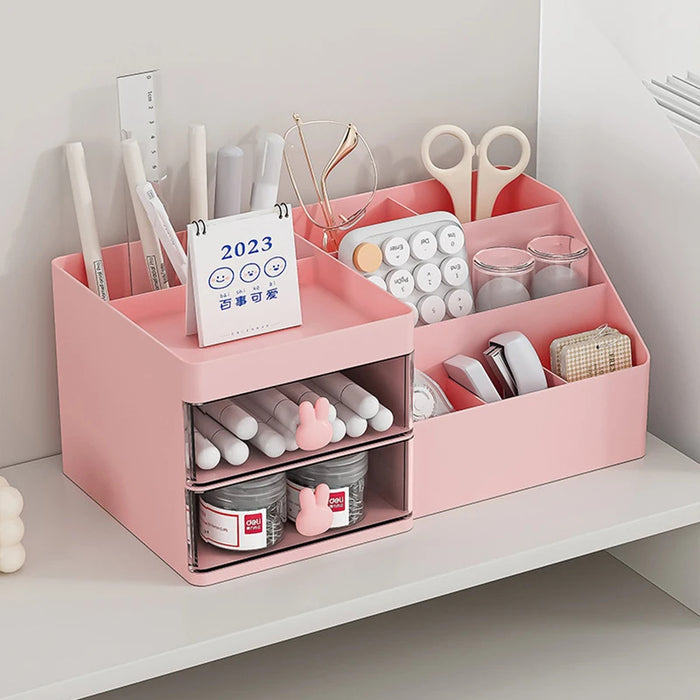 Anyhouz Storage Box Pink Large Capacity Makeup Drawer Organizer Stationery for Dressing Table Desktop