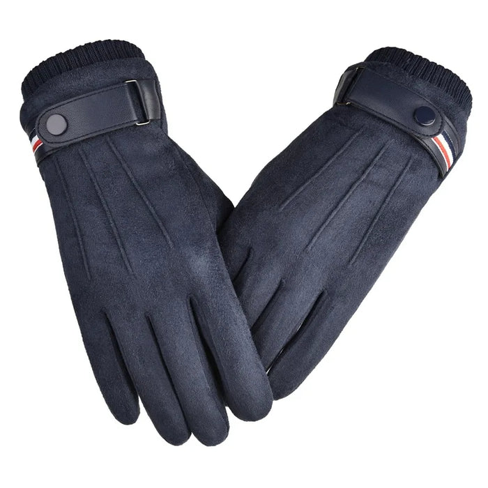 Anygloves Winter Gloves Blue Suede Driving Warm Outdoor Cycling Thickened Buckle Windproof Mittens For Men