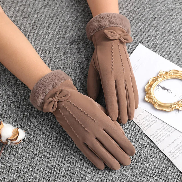 Anygloves Winter Gloves Khaki Thicken Fleece Waterproof Windproof Full Finger Hand Warmer Bow Tie Mittens For Women