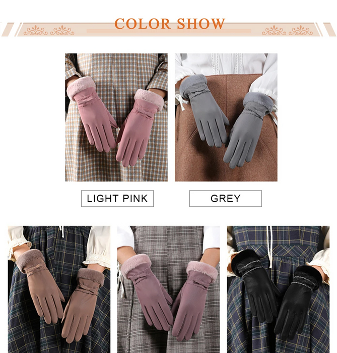 Anygloves Winter Gloves Khaki Thicken Fleece Waterproof Windproof Full Finger Hand Warmer Bow Tie Mittens For Women