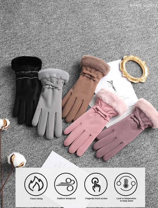 Anygloves Winter Gloves Khaki Thicken Fleece Waterproof Windproof Full Finger Hand Warmer Bow Tie Mittens For Women