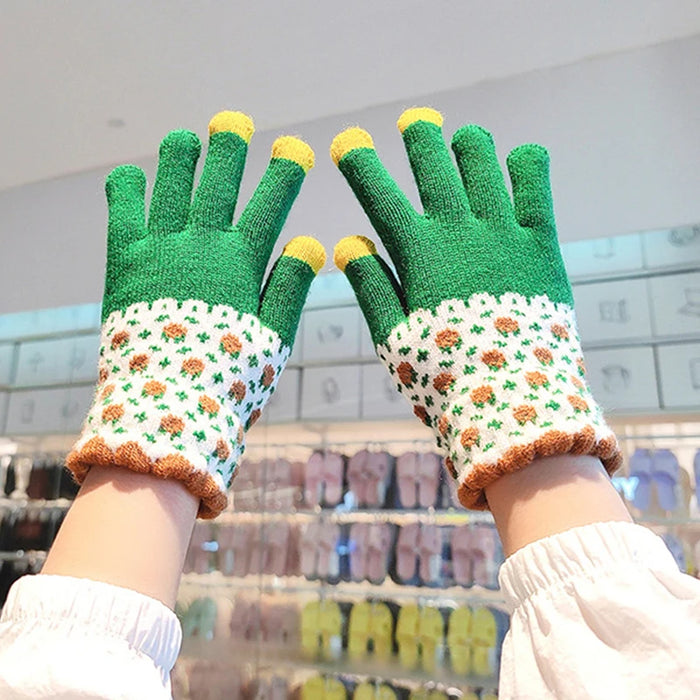 Anygloves Winter Gloves Green Thicken Fleece Knitted Hand Warmer Touch Screen Splicing Design Sweet Jacquard Mittens For Women