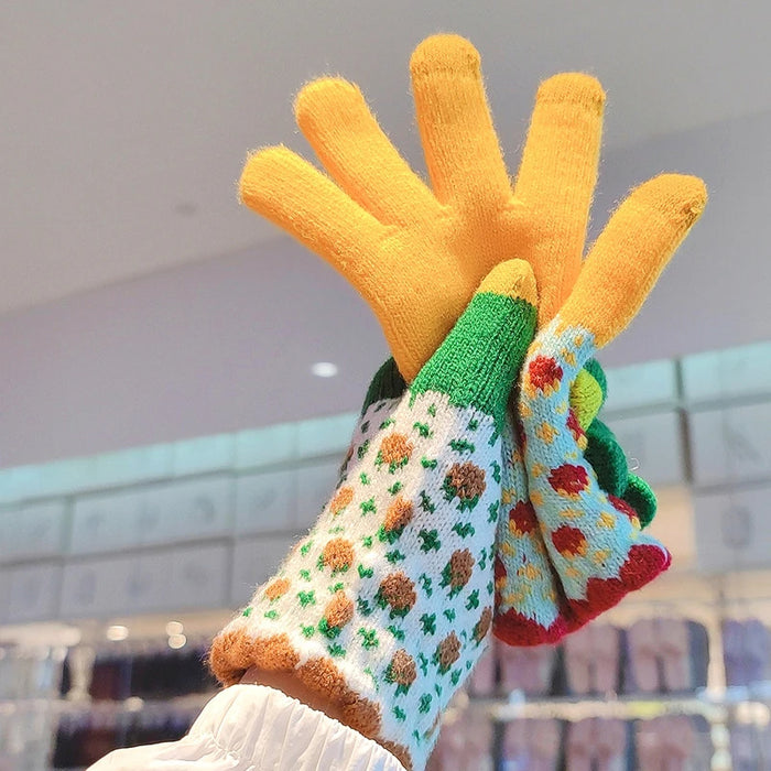 Anygloves Winter Gloves Green Thicken Fleece Knitted Hand Warmer Touch Screen Splicing Design Sweet Jacquard Mittens For Women