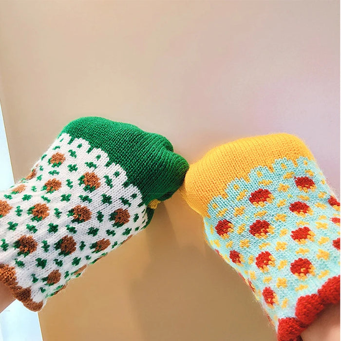 Anygloves Winter Gloves Yellow Thicken Fleece Knitted Hand Warmer Touch Screen Splicing Design Sweet Jacquard Mittens For Women