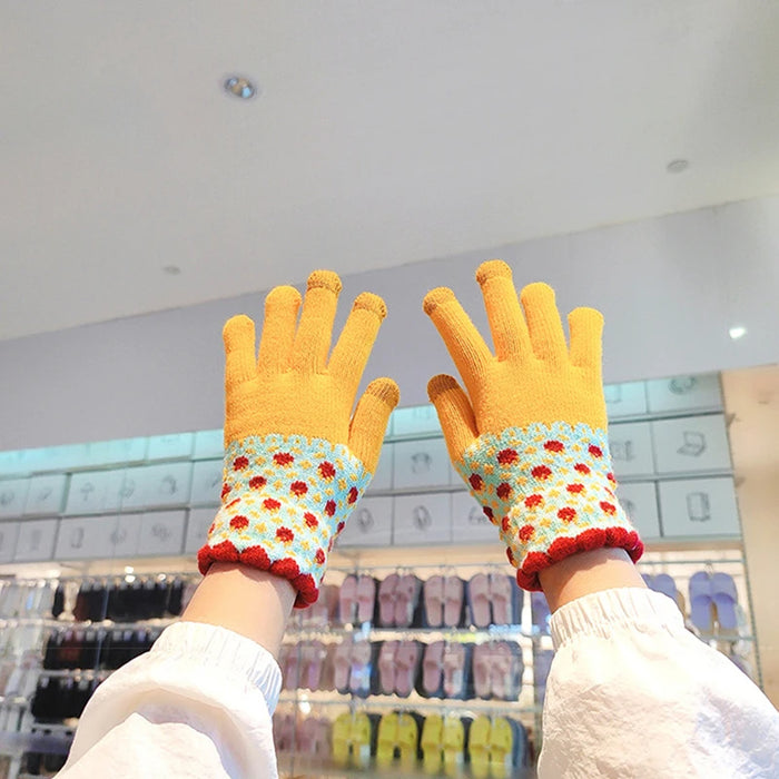 Anygloves Winter Gloves Yellow Thicken Fleece Knitted Hand Warmer Touch Screen Splicing Design Sweet Jacquard Mittens For Women