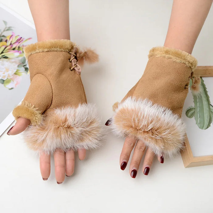 Anygloves Winter Gloves Khaki Fingerless Arm Wrist Warmers Suede Leather Faux Rabbit Fur Mitten Short Gloves For Women