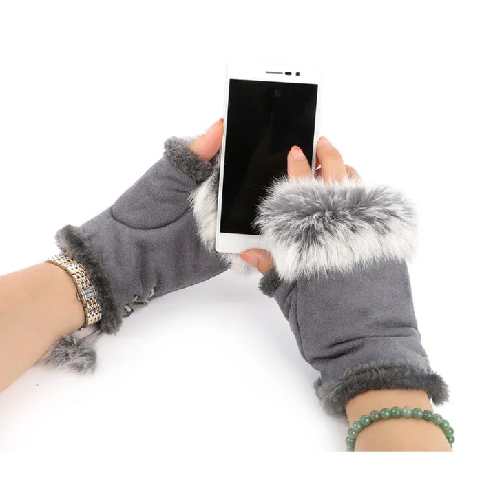 Anygloves Winter Gloves Khaki Fingerless Arm Wrist Warmers Suede Leather Faux Rabbit Fur Mitten Short Gloves For Women