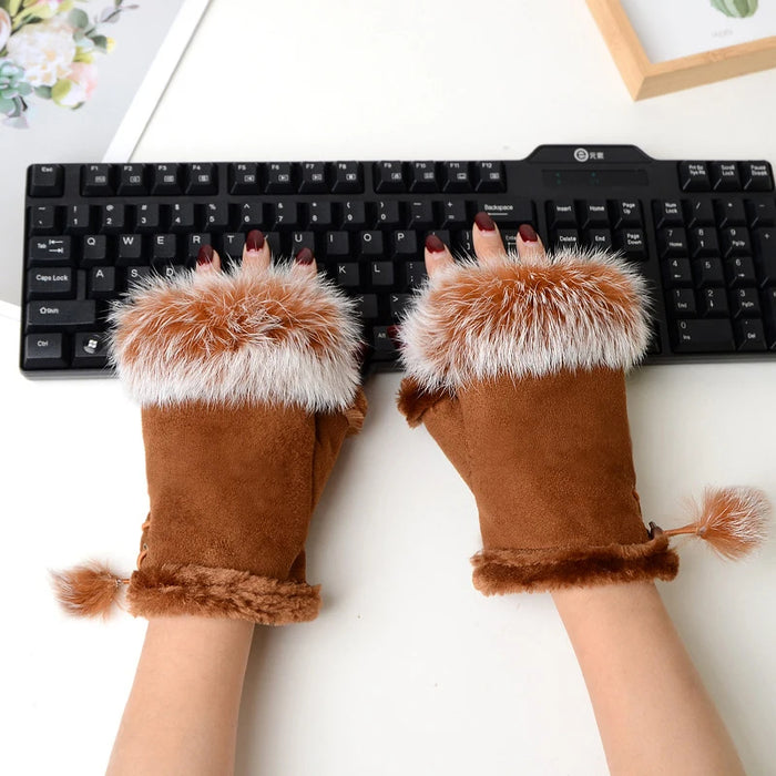 Anygloves Winter Gloves Khaki Fingerless Arm Wrist Warmers Suede Leather Faux Rabbit Fur Mitten Short Gloves For Women