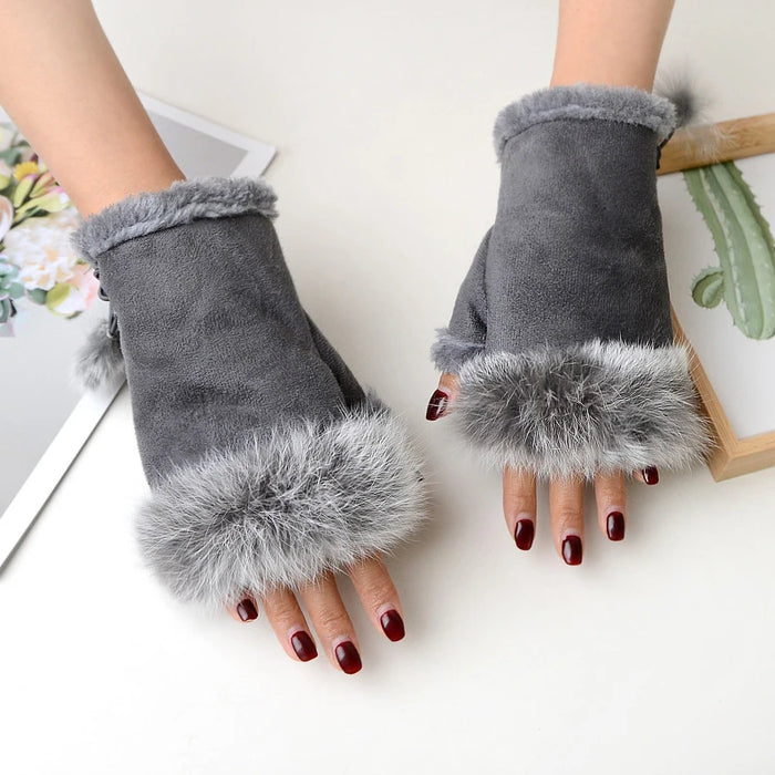 Anygloves Winter Gloves Khaki Fingerless Arm Wrist Warmers Suede Leather Faux Rabbit Fur Mitten Short Gloves For Women