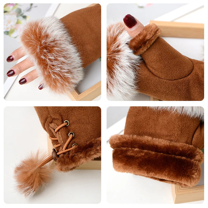 Anygloves Winter Gloves Khaki Fingerless Arm Wrist Warmers Suede Leather Faux Rabbit Fur Mitten Short Gloves For Women