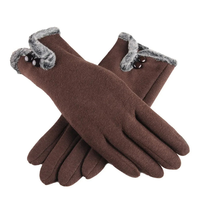 Anygloves Winter Gloves Brown Warm Non Inverted Velvet Cashmere Full Finger Cycling Touch Screen Lace Cotton Gloves for Women