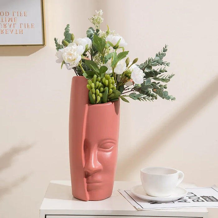 Anyhouz Flower Vase Pink Large Half Face Nordic Plastic Pot Table Decor