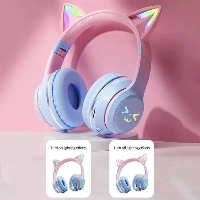 Anymob Headphone Pink Bluetooth Cat Ear Wireless Foldable Headset