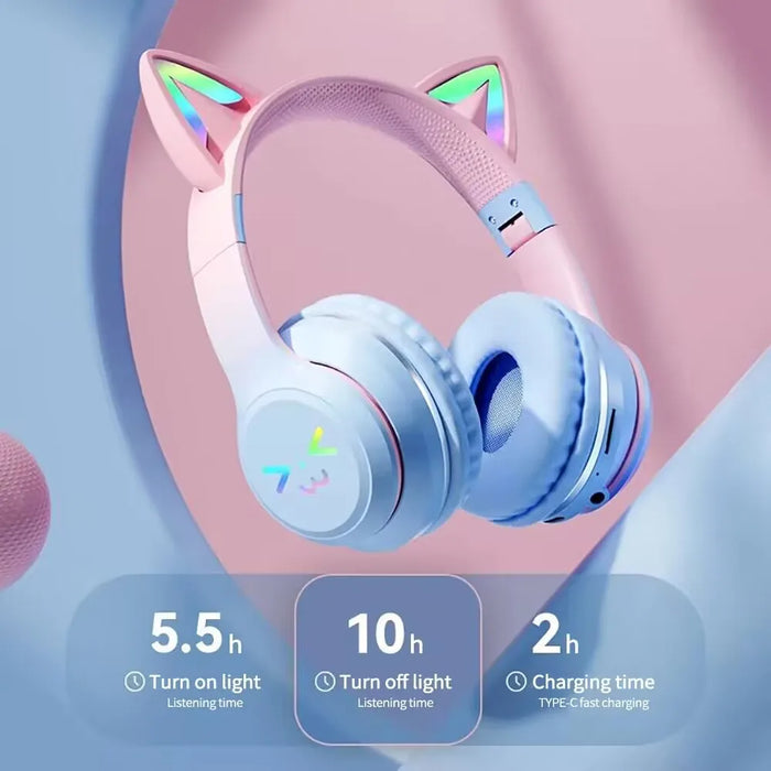 Anymob Headphone Pink Bluetooth Cat Ear Wireless Foldable Headset