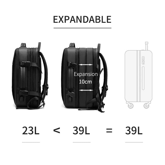 Anypack Backpack Black Waterproof With USB Port Expandable Multi Compartments Travel Bag