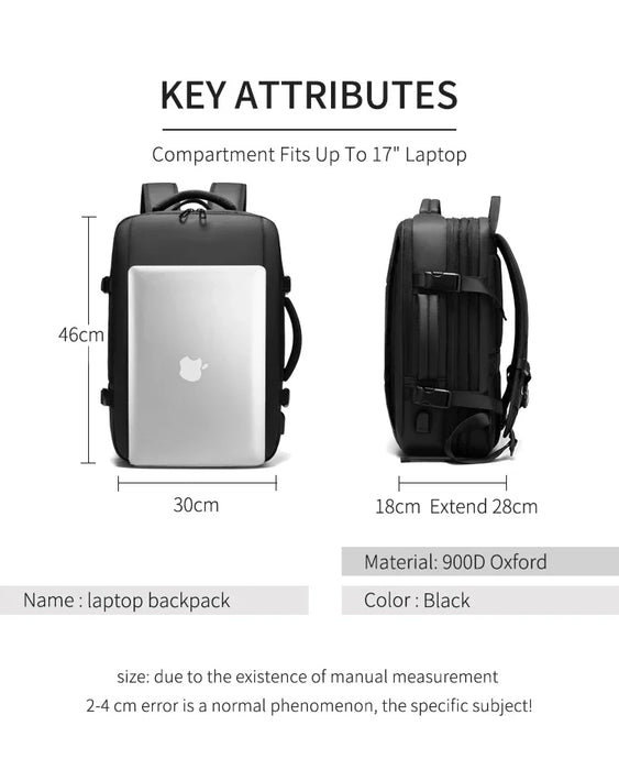 Anypack Backpack Black Waterproof With USB Port Expandable Multi Compartments Travel Bag