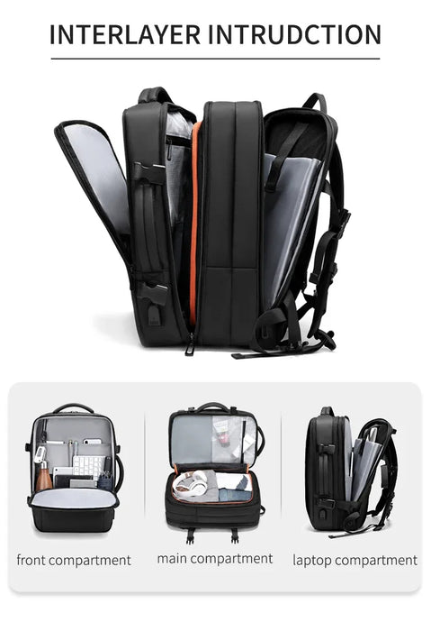 Anypack Backpack Black Waterproof With USB Port Expandable Multi Compartments Travel Bag