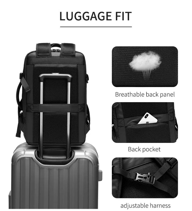 Anypack Backpack Black Waterproof With USB Port Expandable Multi Compartments Travel Bag