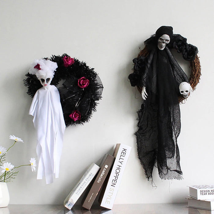 Anyhouz Halloween Hanging Decoration White Scary Ghost With Rose Flower Door Accessory