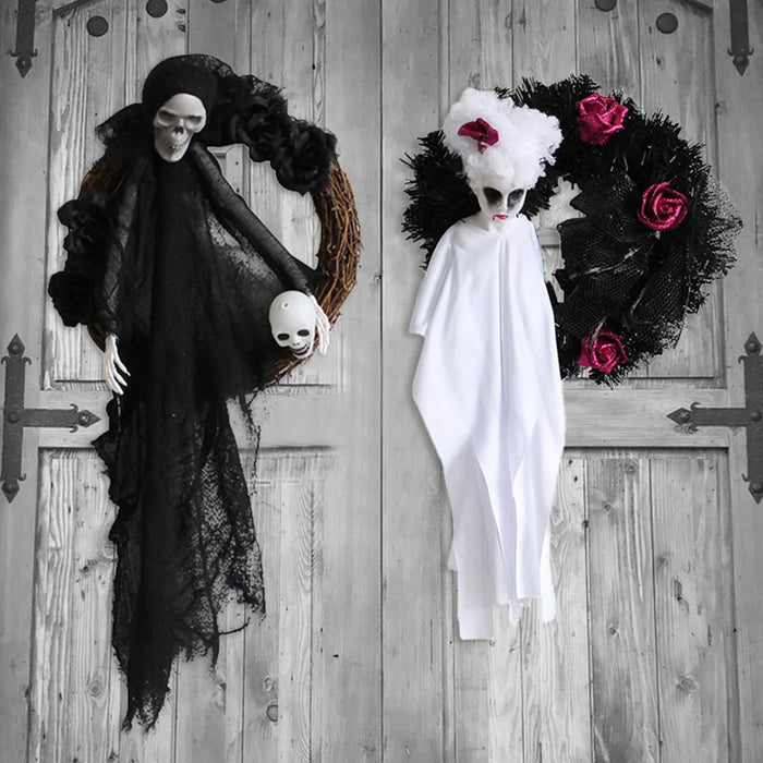 Anyhouz Halloween Hanging Decoration White Scary Ghost With Rose Flower Door Accessory