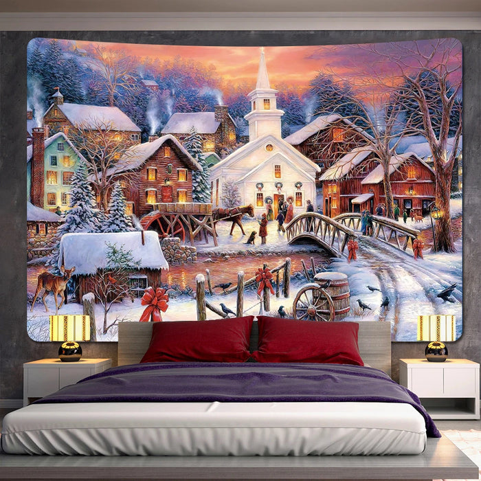 Anyhouz Tapestry Snowy Christmas Village Bohemian Wall Art Painting Home Decoration