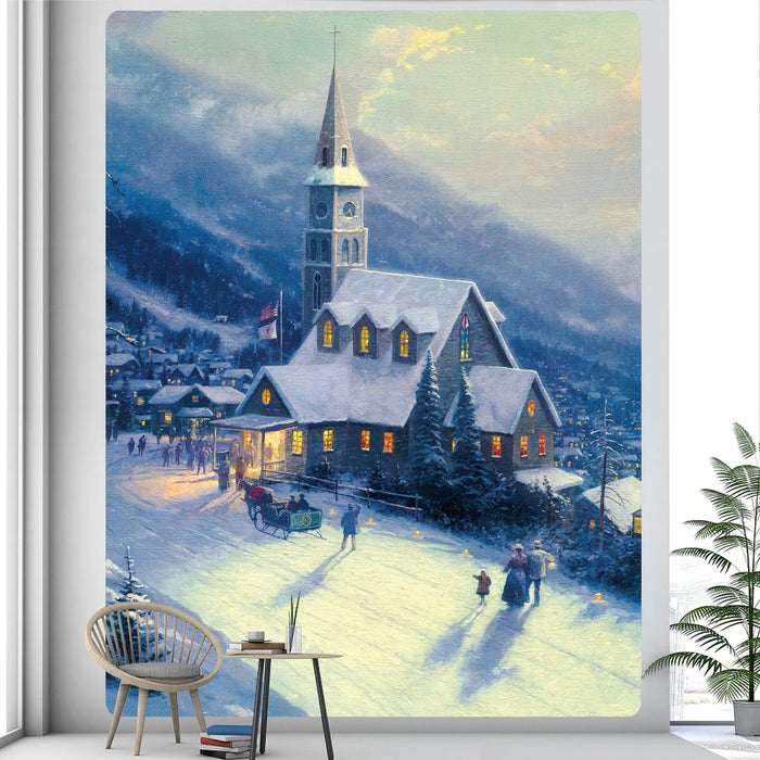 Anyhouz Tapestry Snowy Moonlit Village Bohemian Wall Art Painting Home Decoration